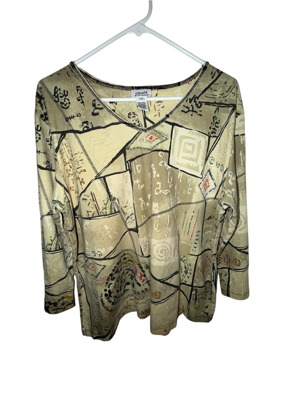 Graff Olive & Beige Abstract V-Neck Long Sleeve Tee